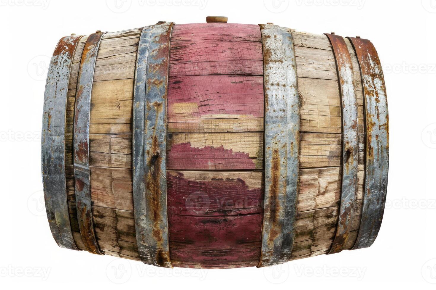 Old wood wine barrel lying down isolated on white photo