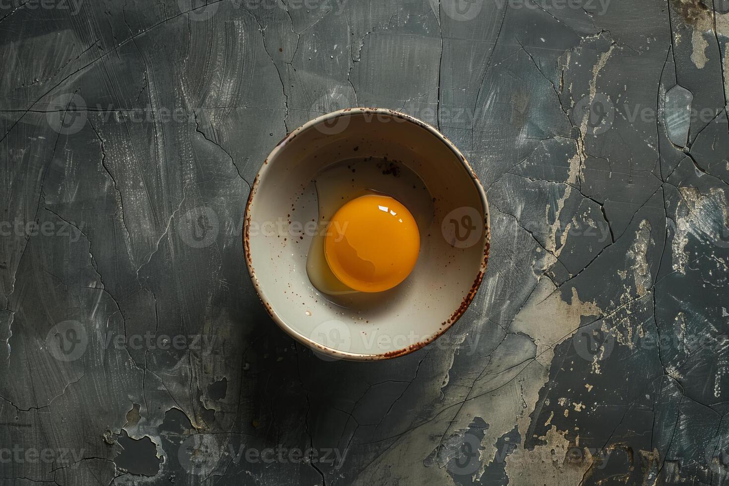 Fresh egg yolk in rustic bowl on dark background for baking or cooking photo