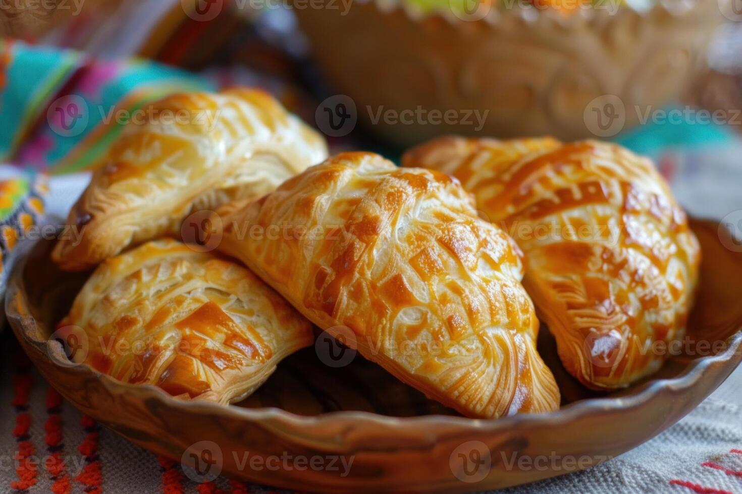 Freshly baked golden brown puff pastry turnovers laying on a wooden plate photo