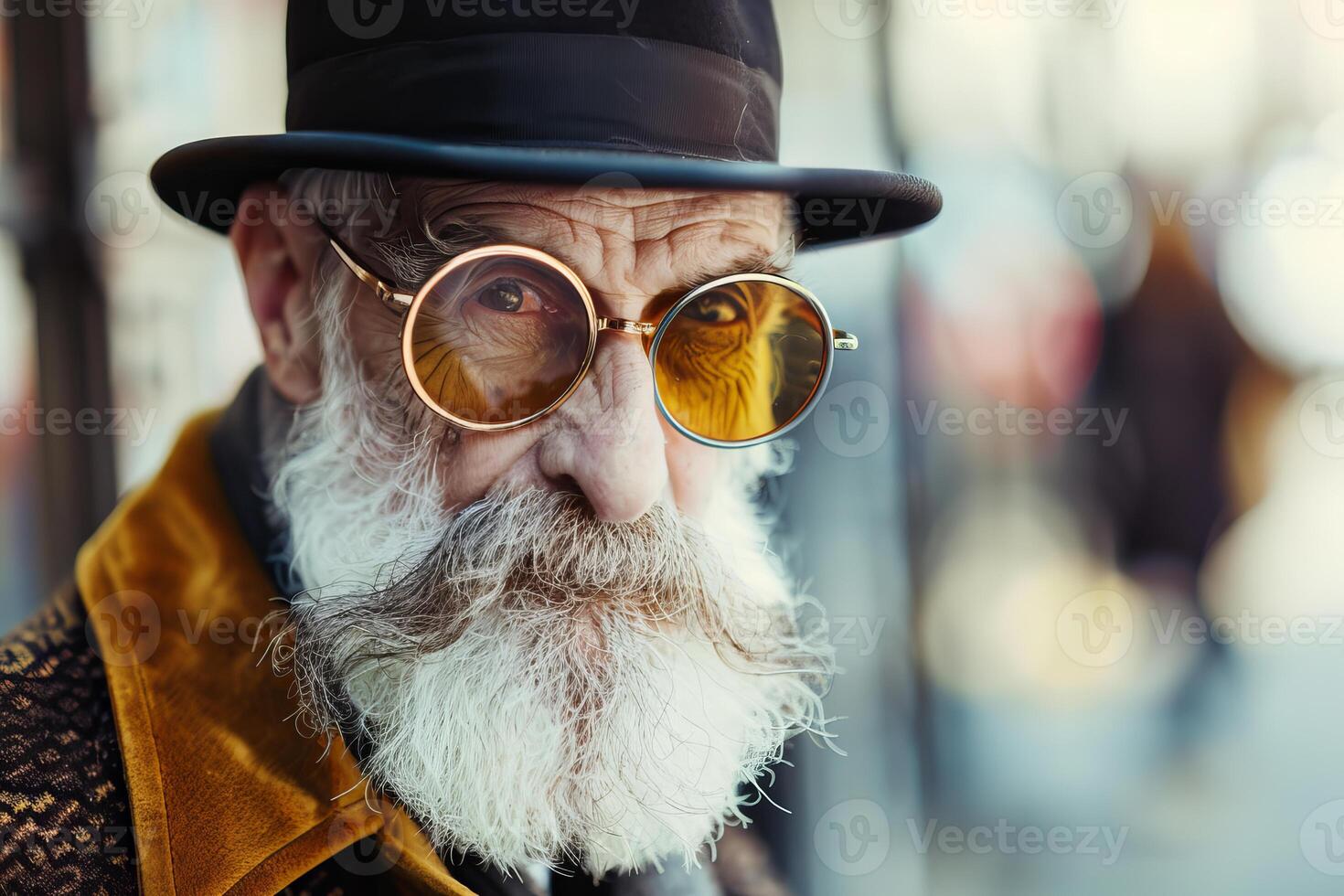 Stylish senior man wearing a hat and sunglasses with a long white beard photo