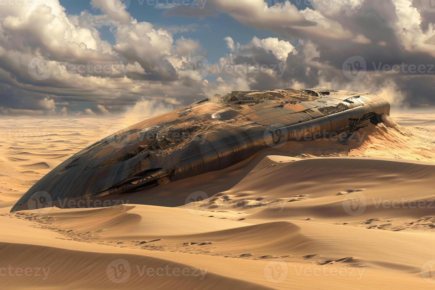 Crashed spaceship buried in desert sand dunes under cloudy sky photo
