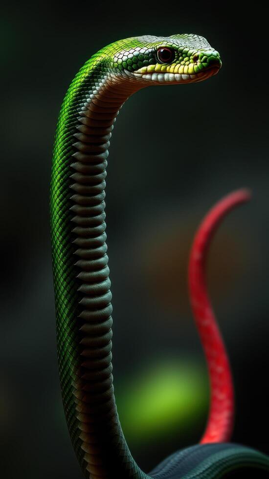 A green snake with red and green stripes photo