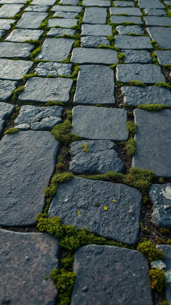 A close up of a cobblestone road with moss growing on it photo