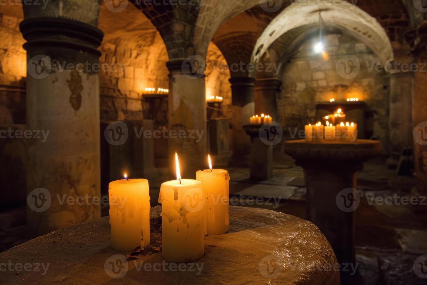 Burning candles illuminating ancient crypt with columns photo