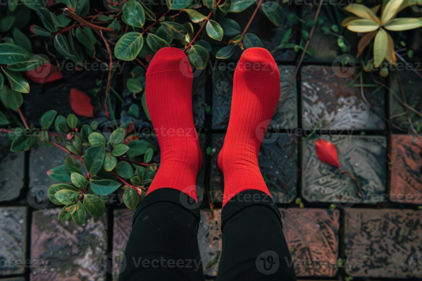 Woman wearing red socks standing on stone pavement near green plants photo