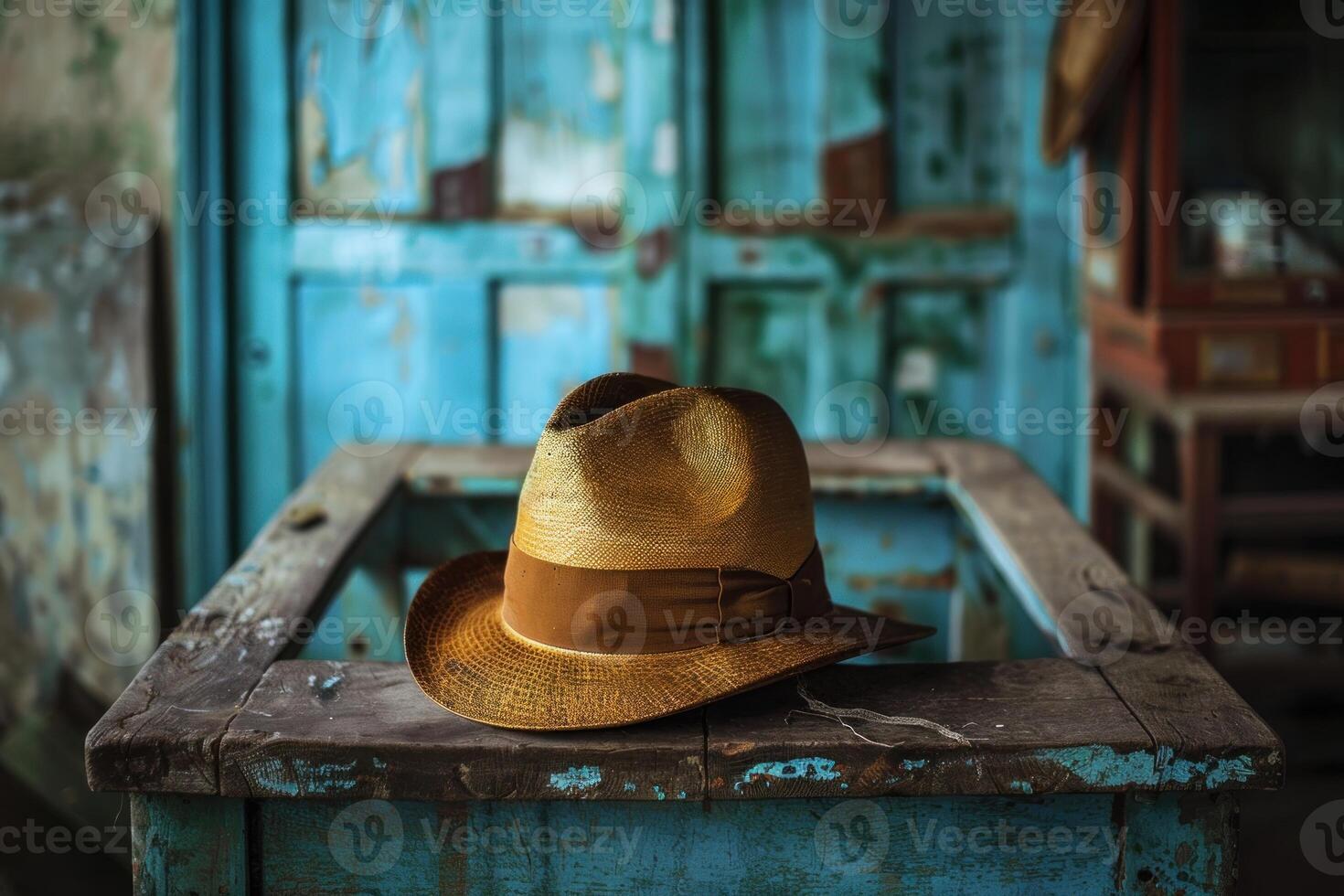 Panama hat resting on weathered table in rustic setting photo