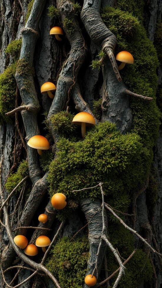 A tree with moss and mushrooms growing on it photo