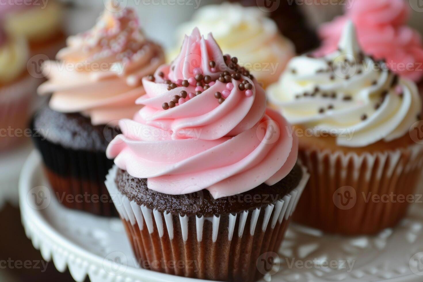 Delicious pink cupcake with chocolate frosting displayed on cake stand photo