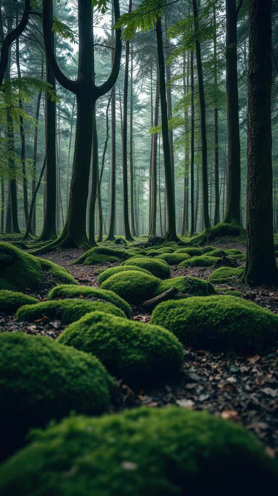 A forest with green mossy trees and trees photo