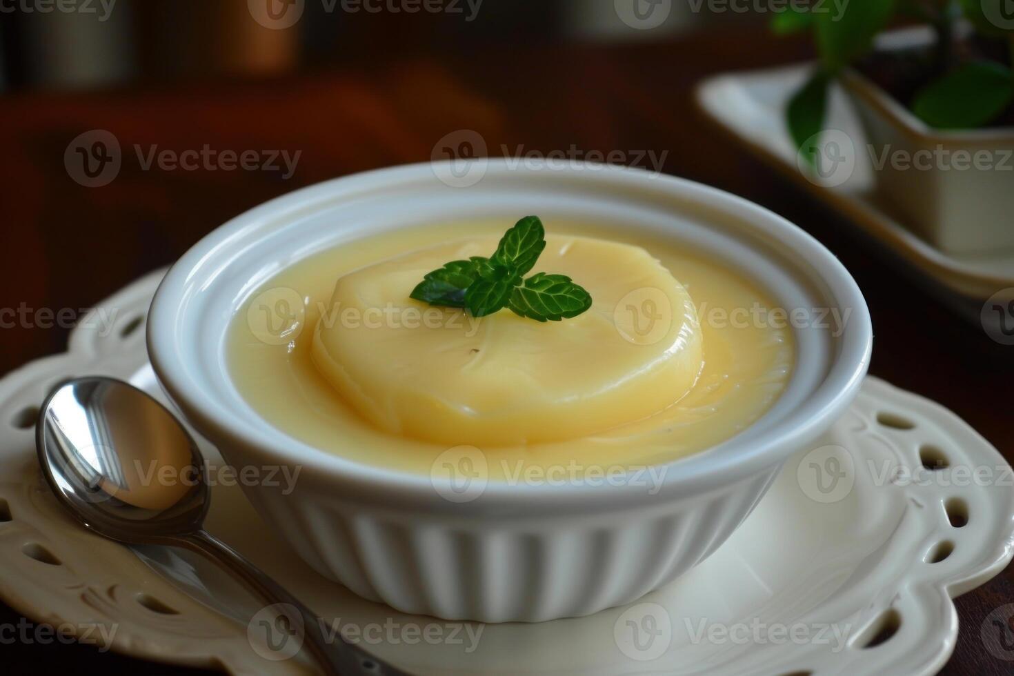 Delicious pineapple pudding garnished with fresh mint in white bowl photo
