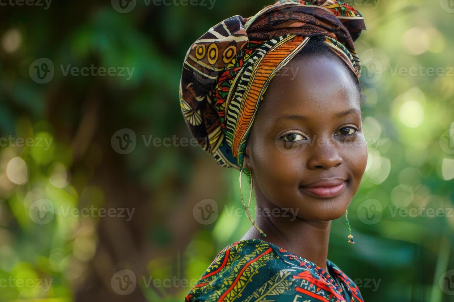Young african woman wearing traditional clothing smiling in nature photo