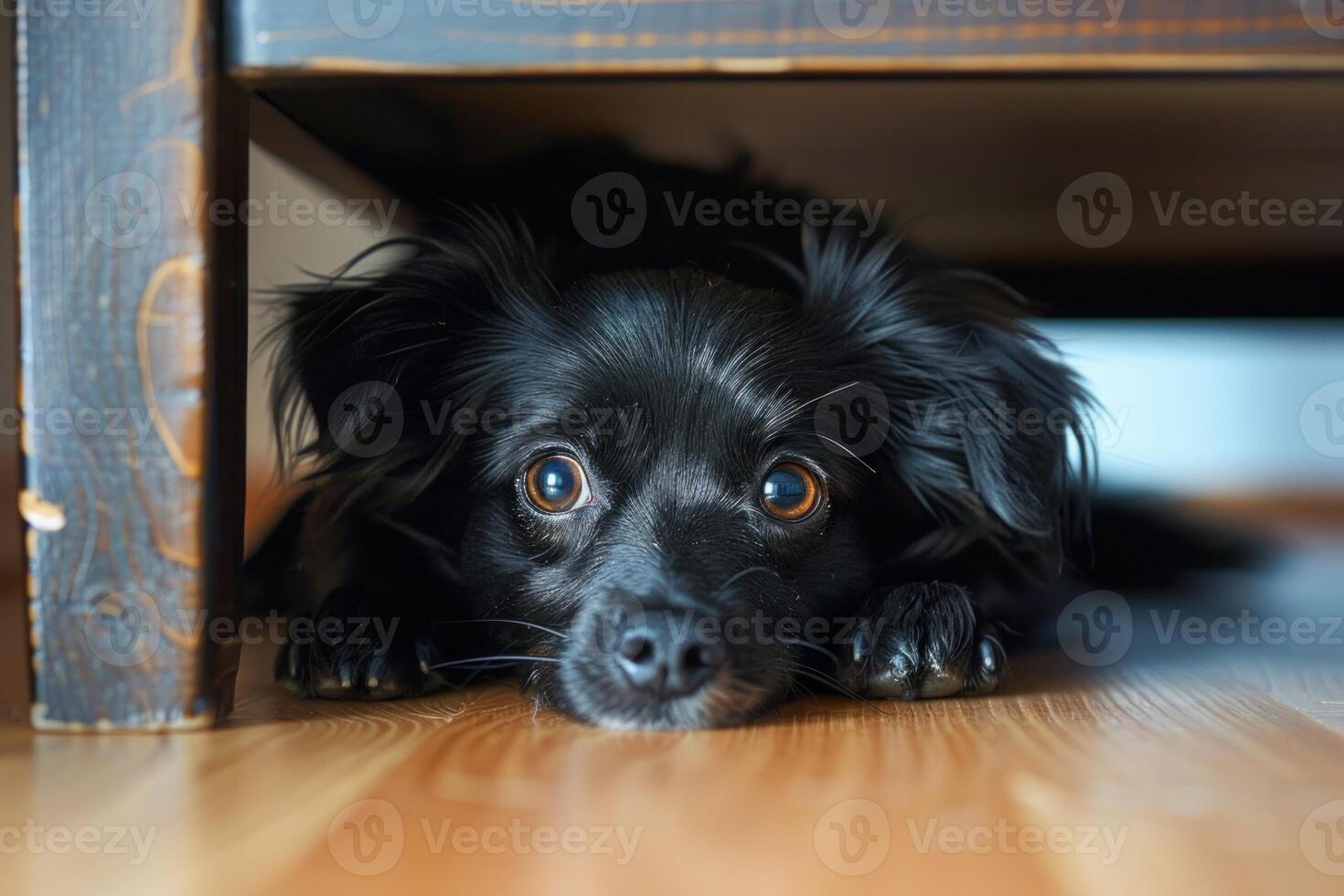 Small black dog hiding under furniture on wooden floor photo