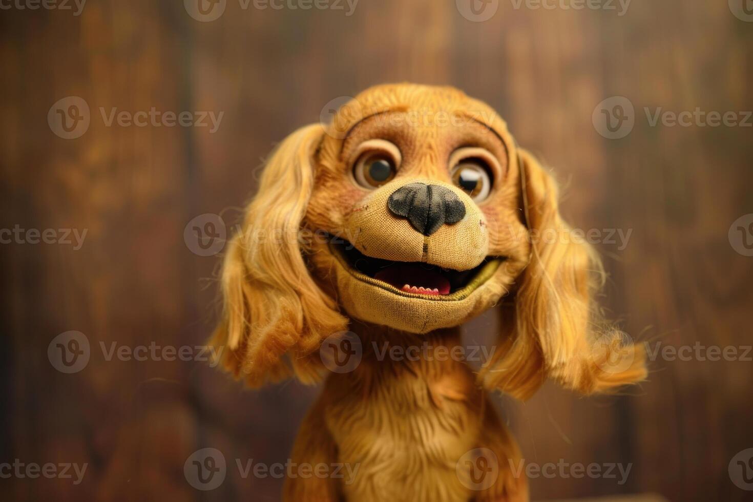 Adorable golden cocker spaniel puppet smiling on wooden background photo
