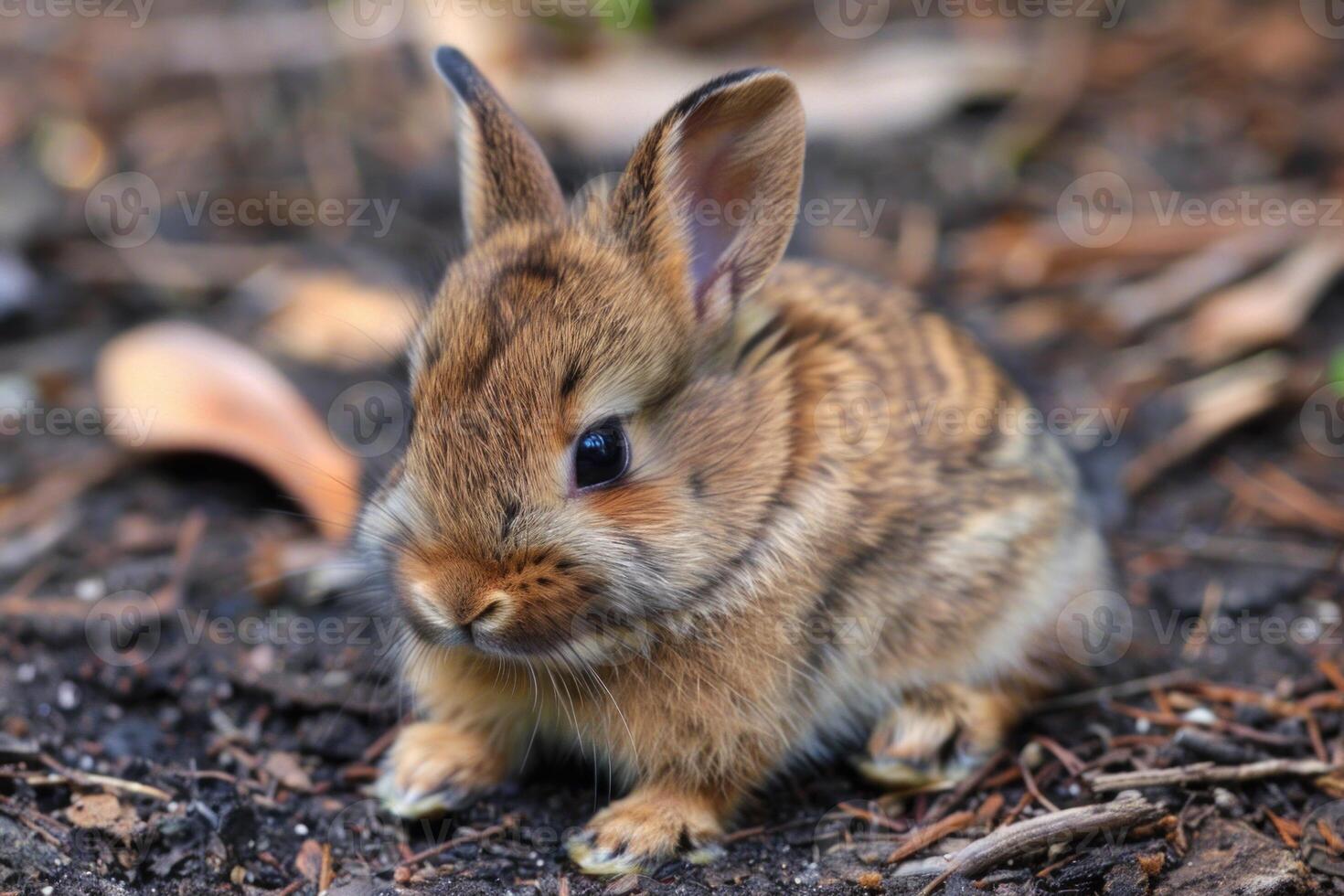 Adorable baby rabbit exploring forest floor photo