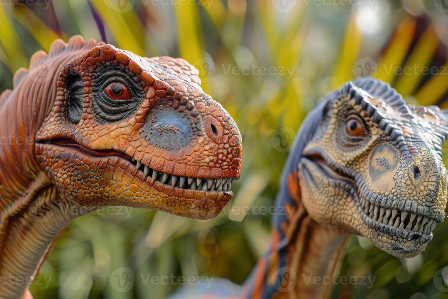 Two realistic dinosaur heads emerging from lush vegetation photo