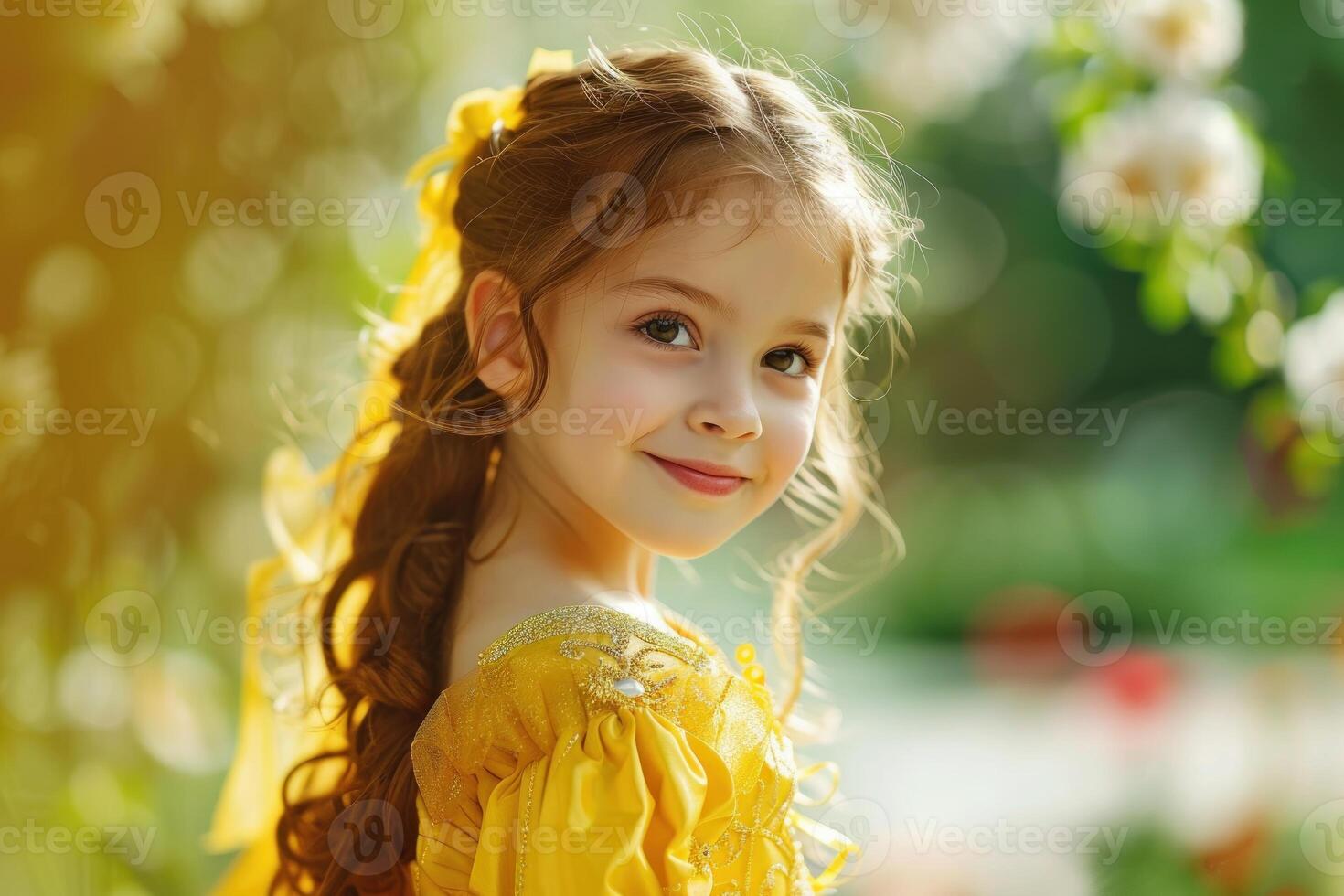 Smiling princess posing in enchanted garden wearing yellow dress photo