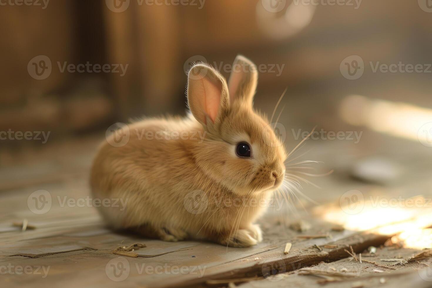 Adorable baby rabbit resting on wooden surface in soft sunlight photo