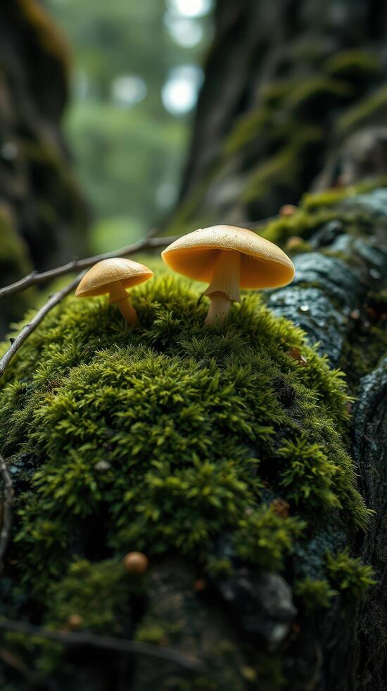 Two mushrooms are sitting on a moss covered tree photo