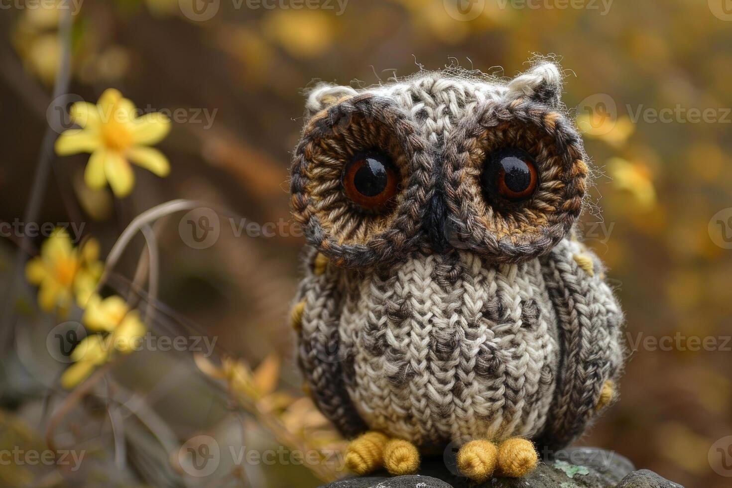 Small knitted owl toy standing on a rock in autumn scenery photo
