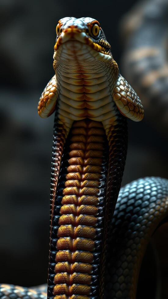 A close up of a snake with its head up photo