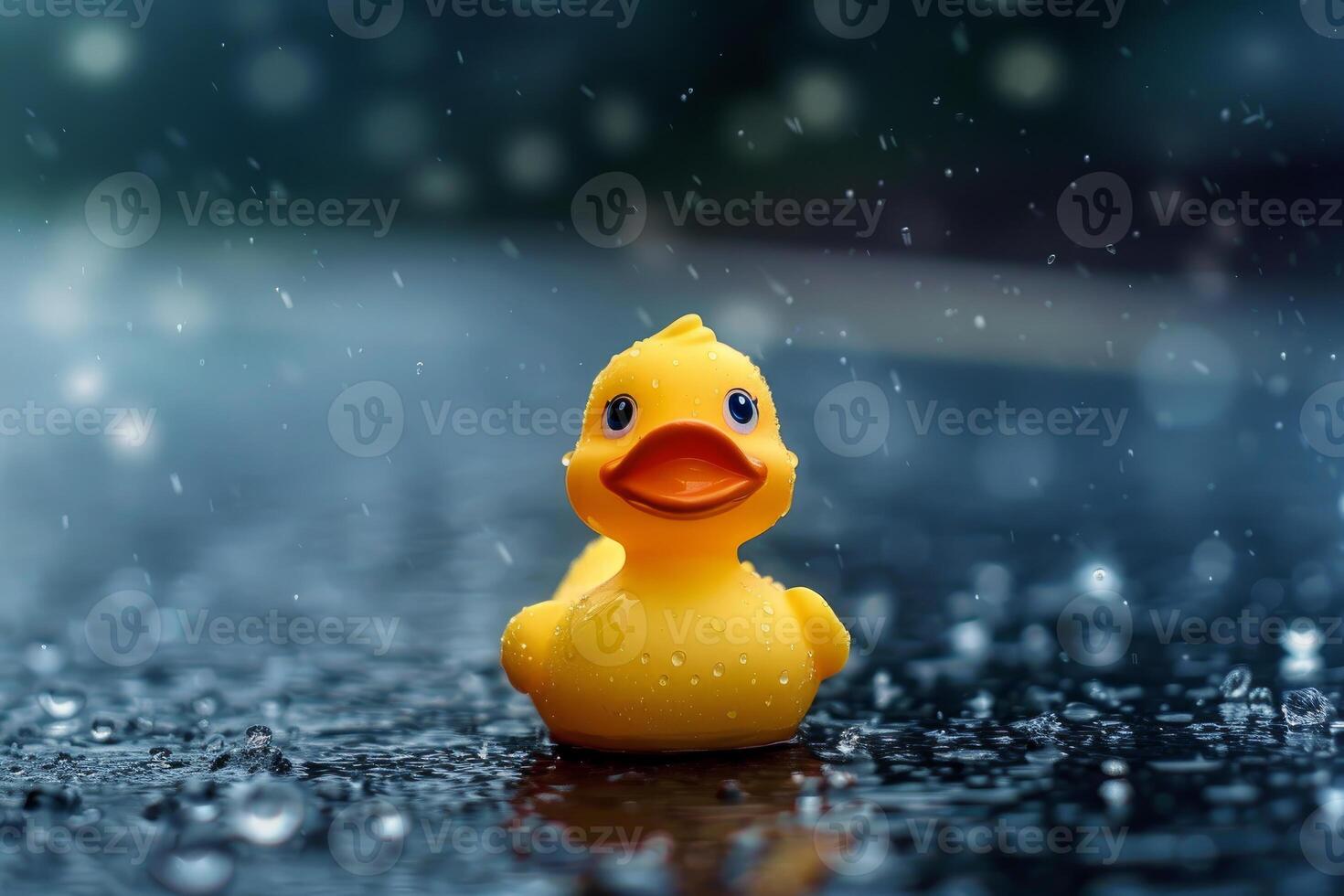 Yellow rubber duck enjoying the rain on a wet surface photo