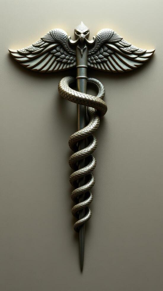 Medical symbol caduceus with snake and wings on a gray background photo