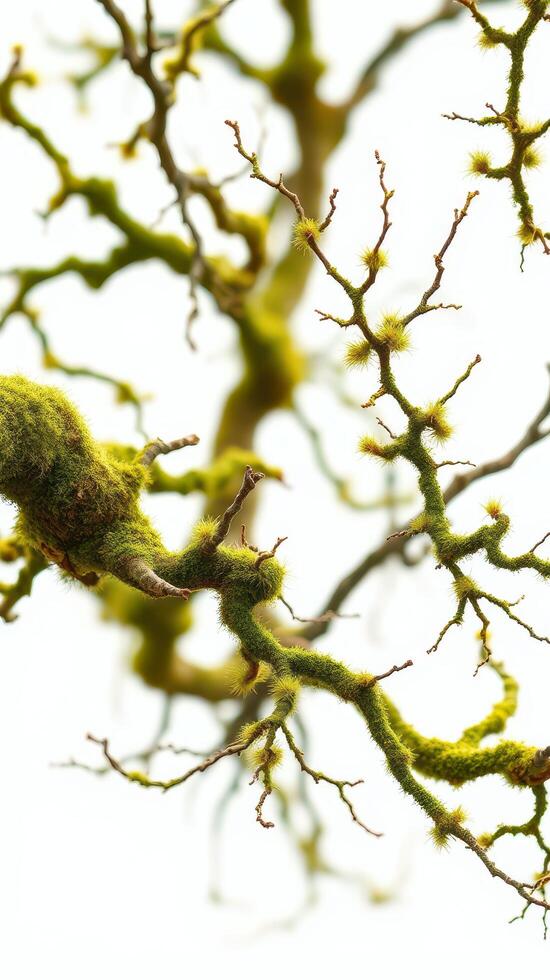 A close up of a branch with moss on it photo