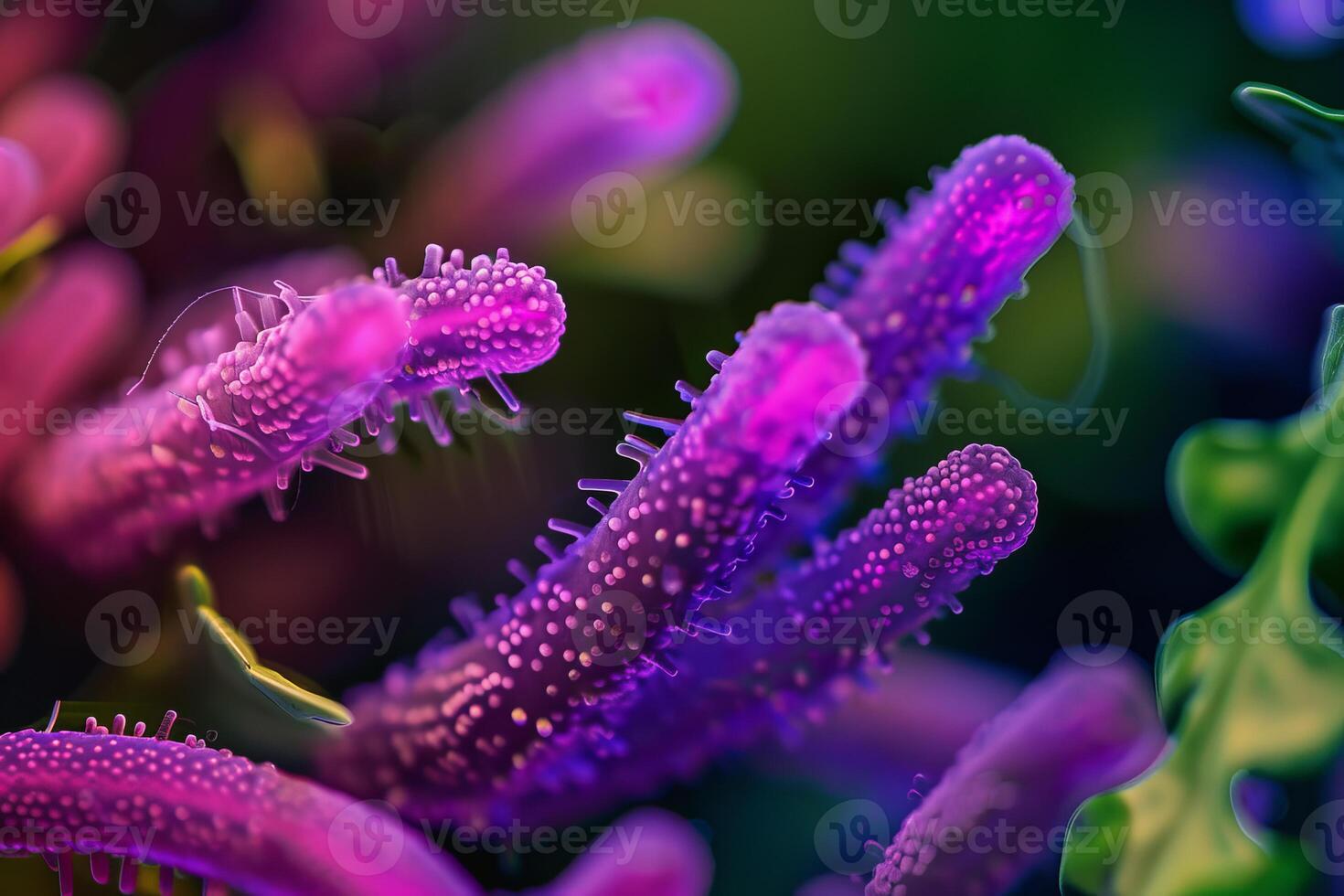 Microscopic view of rod shaped bacteria showing pili and fimbriae photo