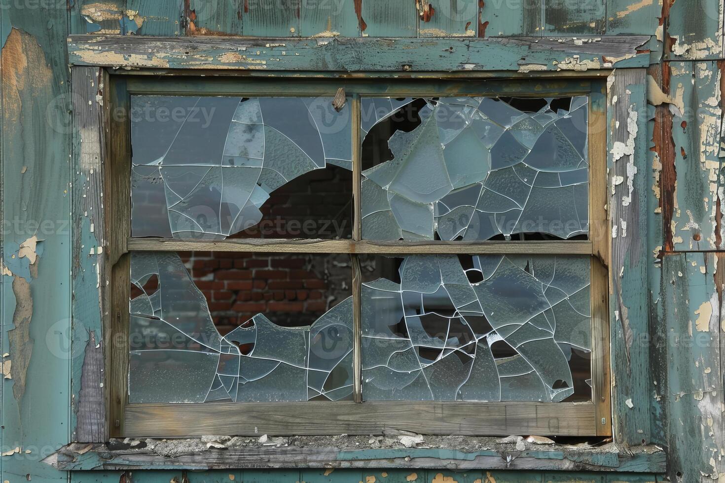 Broken window in abandoned building showing brick wall behind photo
