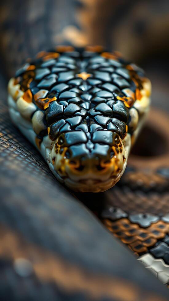 A close up of a snake's head with its eyes open photo