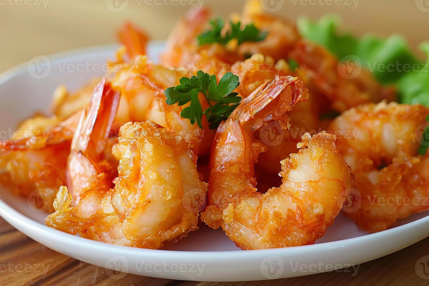 Crispy fried shrimp decorated with parsley on white plate photo