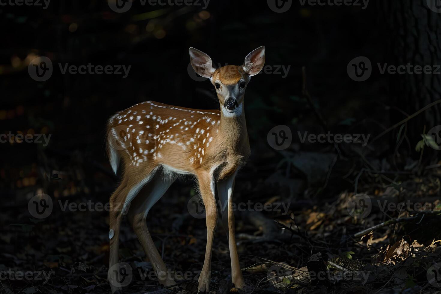 White tailed deer fawn standing in the woods at night photo