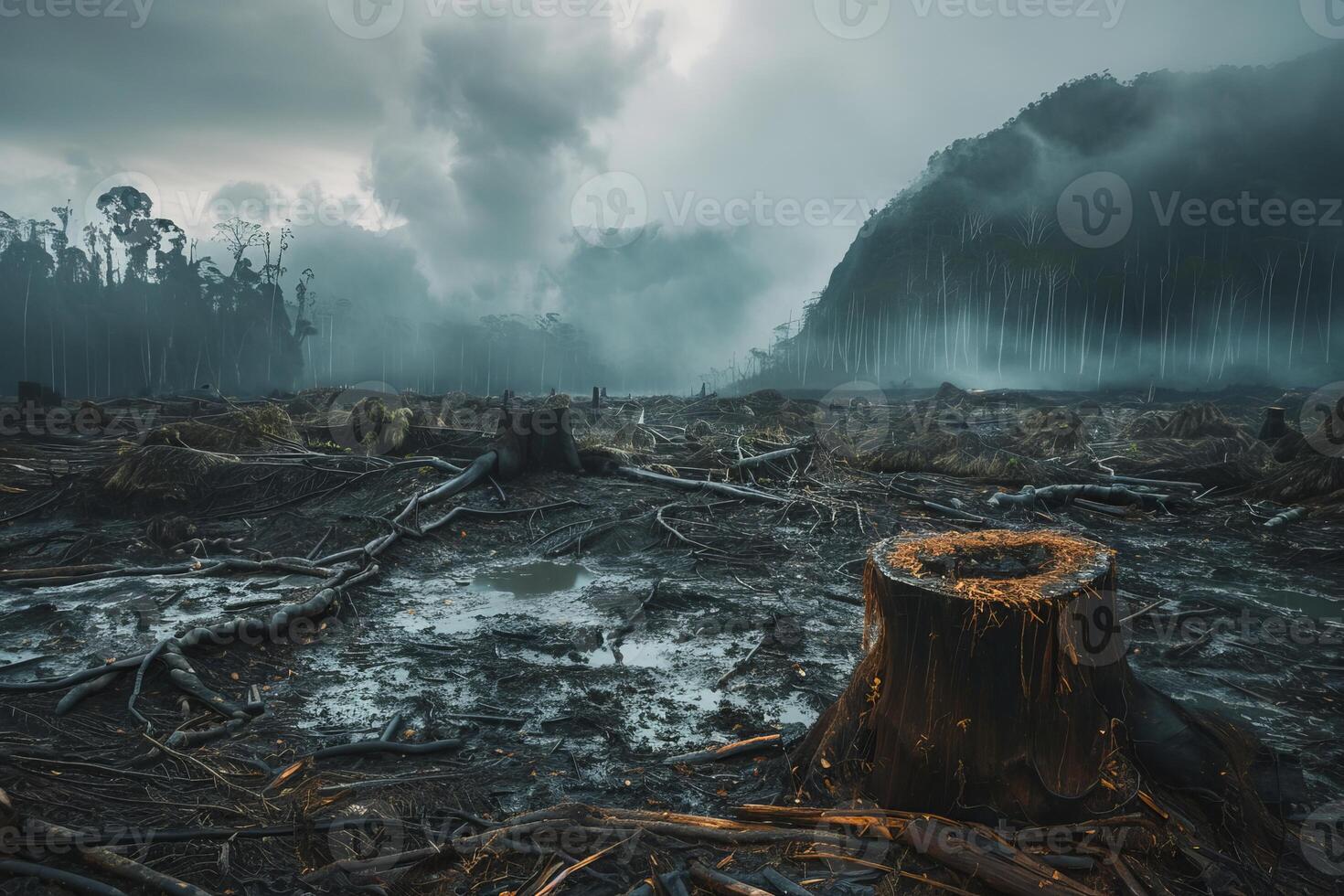 Deforestation creating muddy landscape with tree stumps and dramatic sky photo