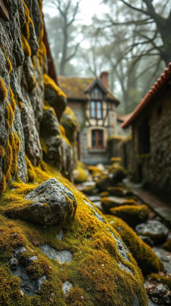A moss covered rock wall photo