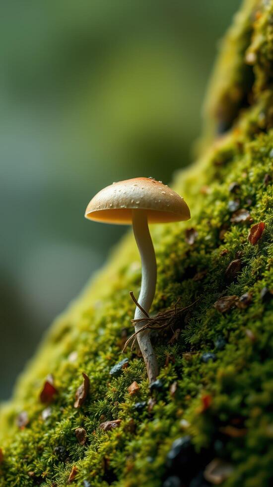 A mushroom is sitting on top of a moss covered rock photo