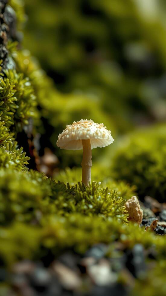 A small mushroom sitting on top of a moss covered rock photo