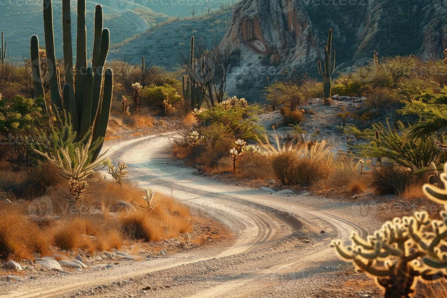 Winding dirt road leading through a cactus filled desert landscape photo