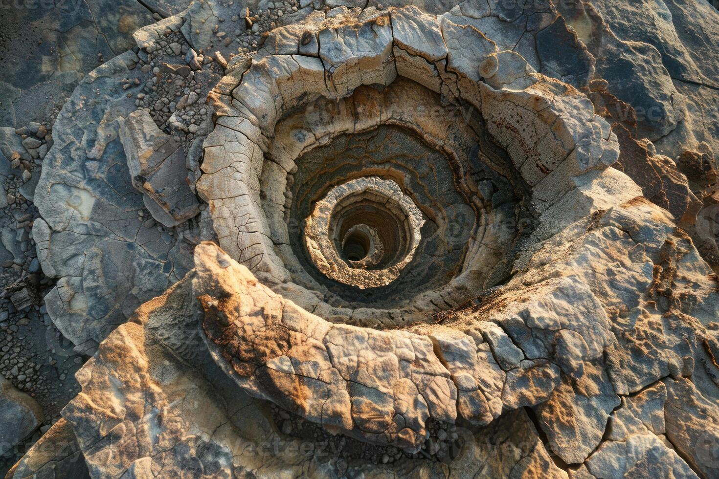 Concentric rock formation creating a natural well in cliffs photo