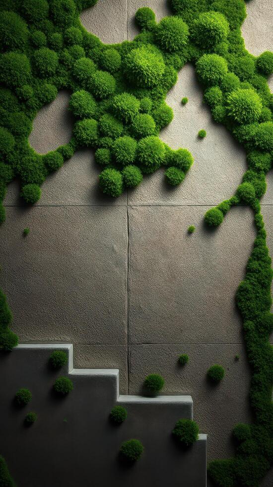 A green wall with stairs and moss growing on it photo