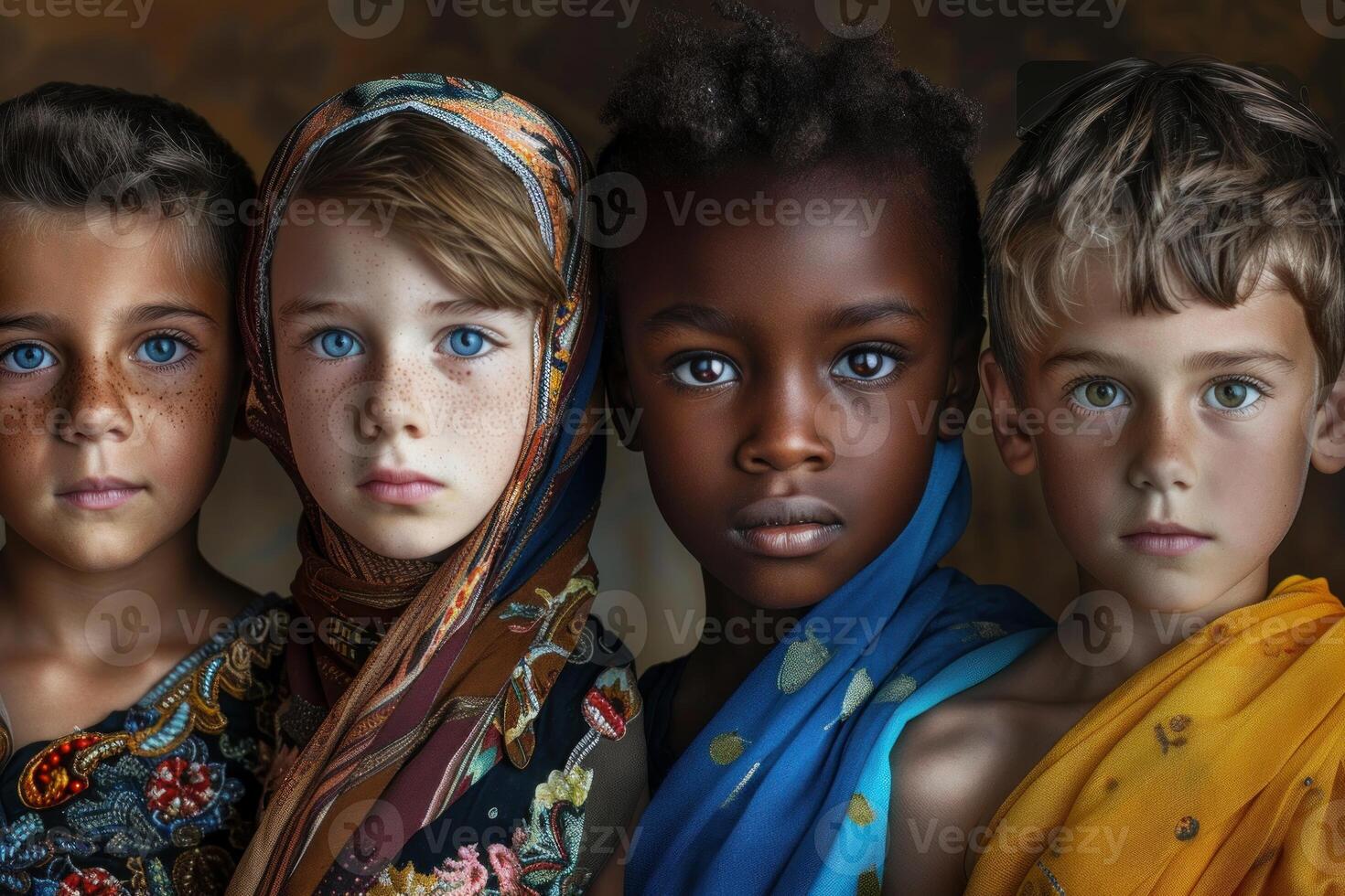 Four children of different ethnicities showing diversity and multiculturalism photo