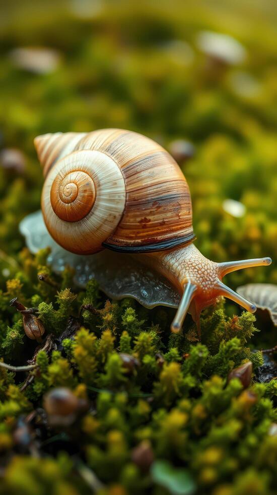 A snail is walking on a moss covered surface photo