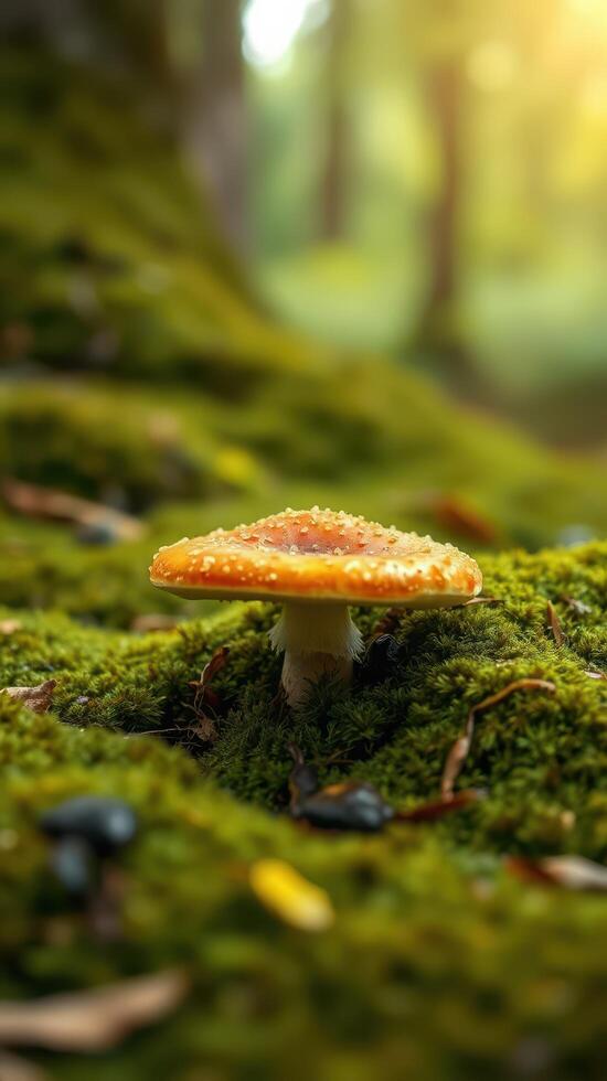 A small orange mushroom sits on top of a moss covered forest floor photo