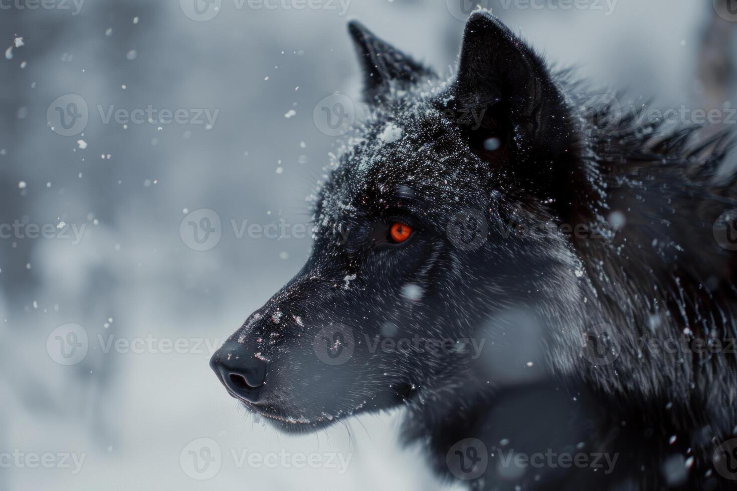 Majestic black wolf with piercing red eyes in snowy winter wonderland photo