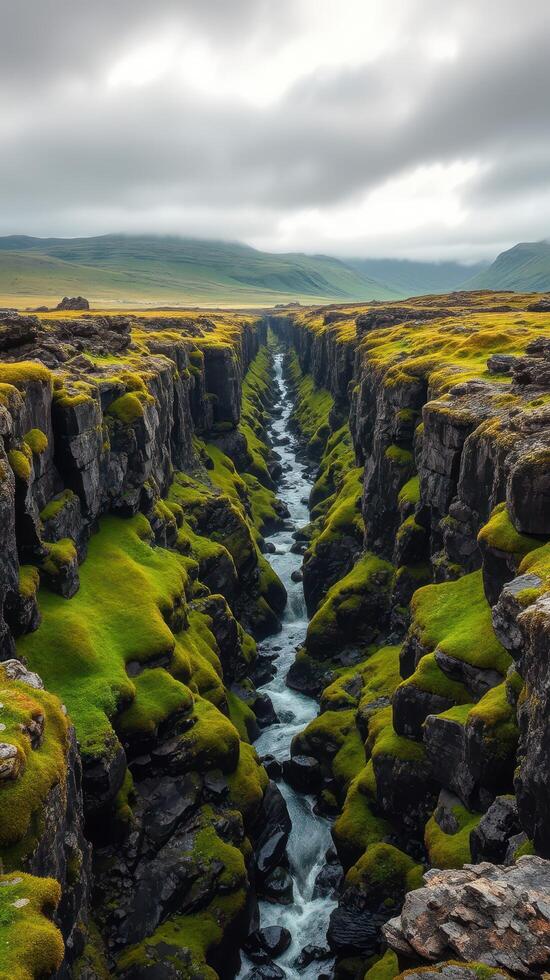 The green grass and water in the middle of a valley photo