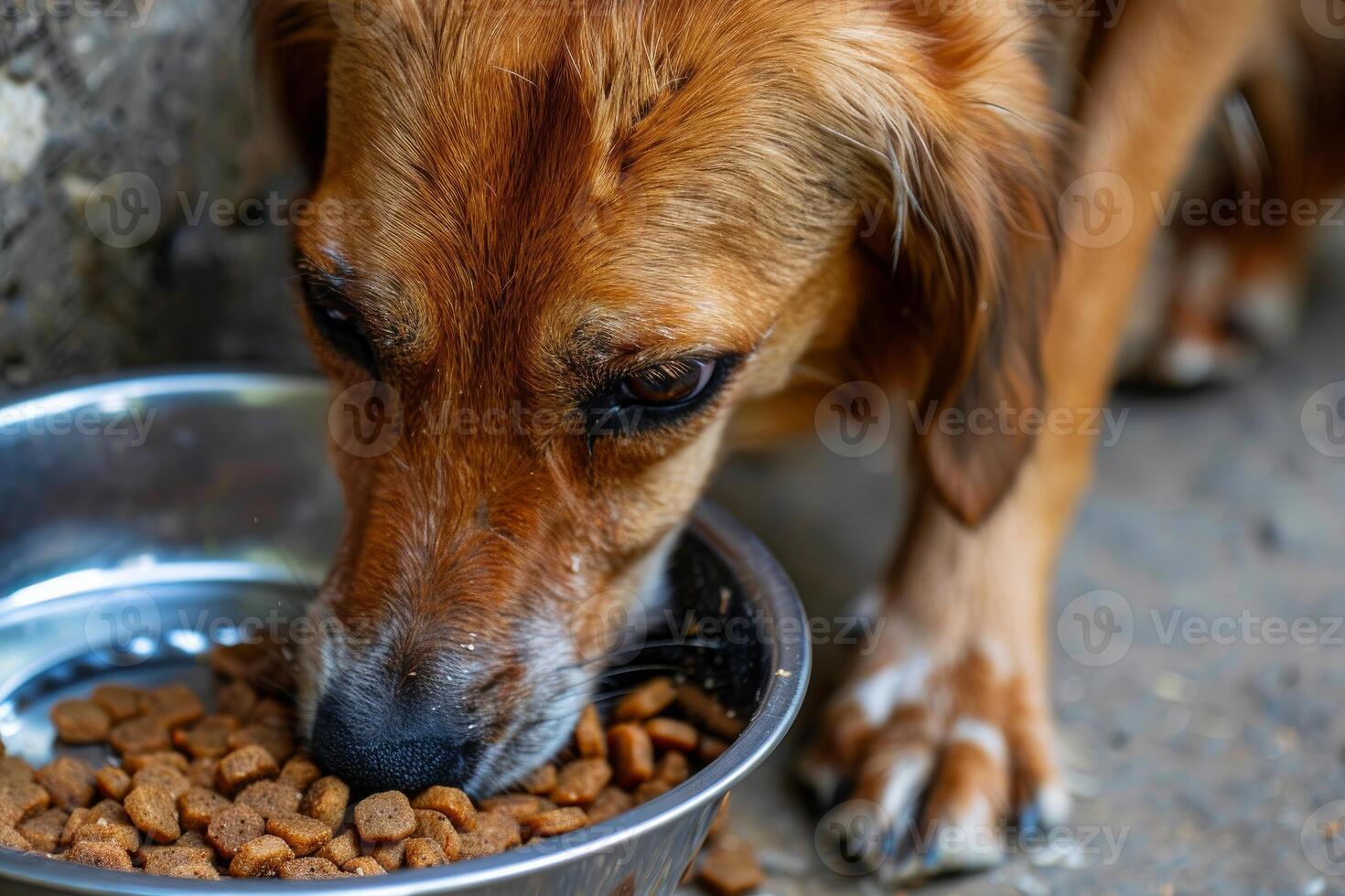 Brown dog eating dry food from metal bowl photo