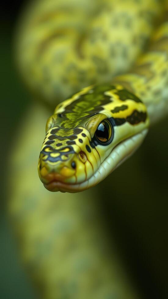 A close up of a yellow and black snake photo