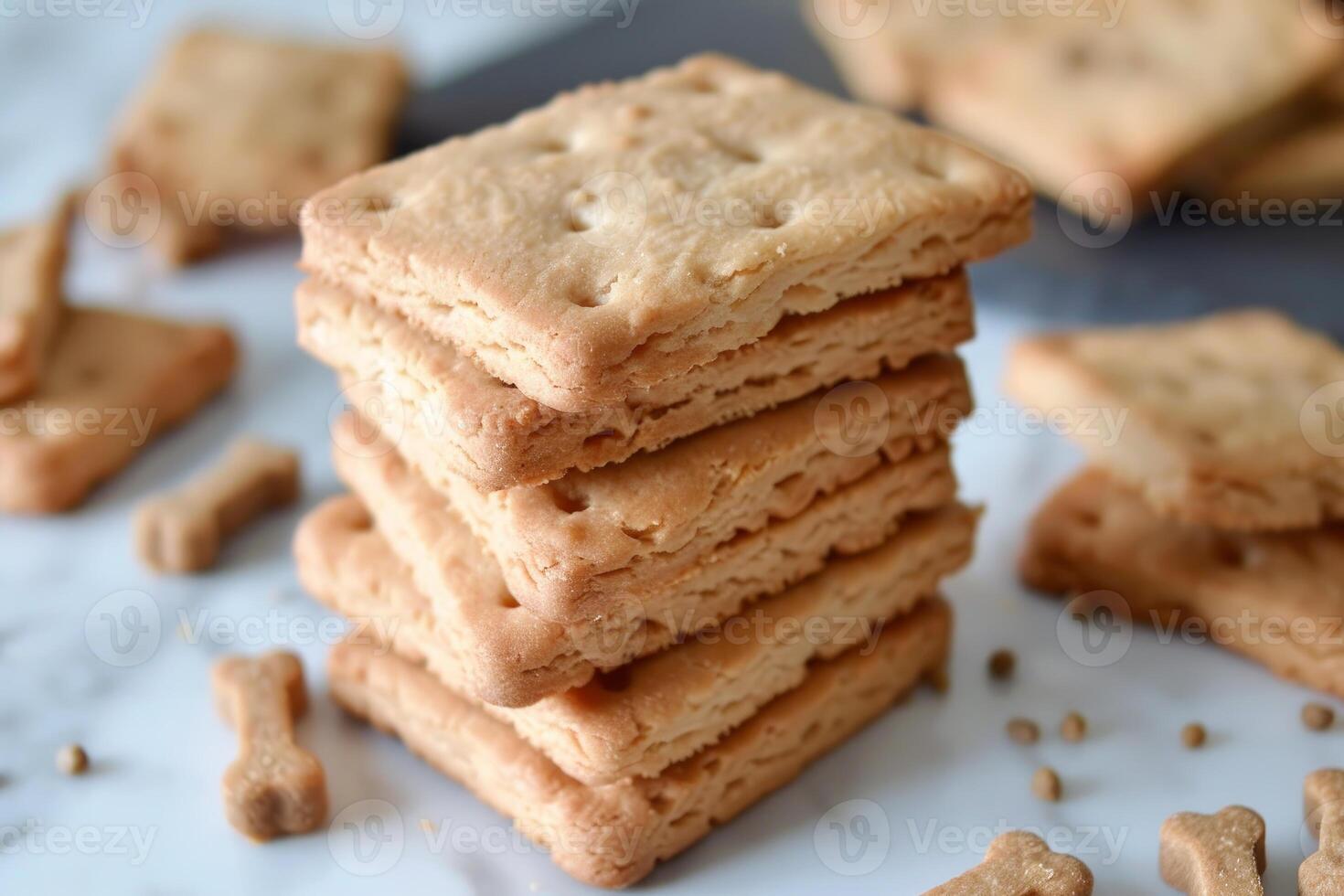 Stack of homemade dog biscuits resting on marble surface photo