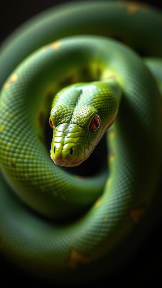 A green snake with a red eye photo