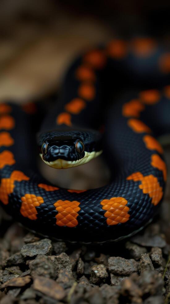 A black and orange snake with black spots on its body photo