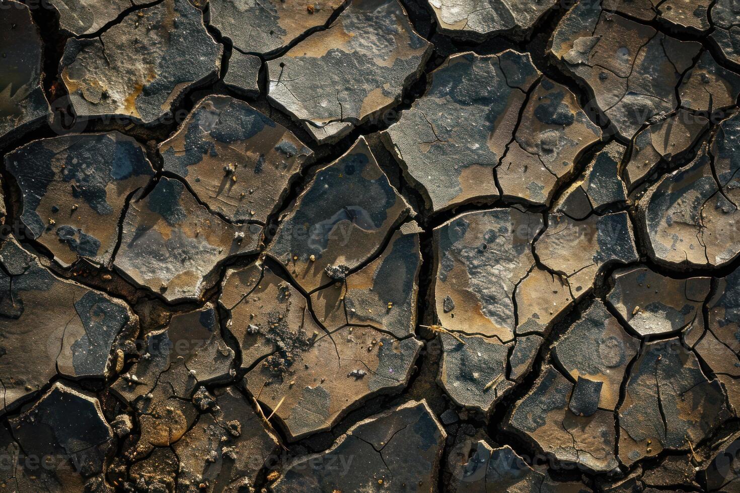 Cracked mud texture from drought forming abstract shapes photo